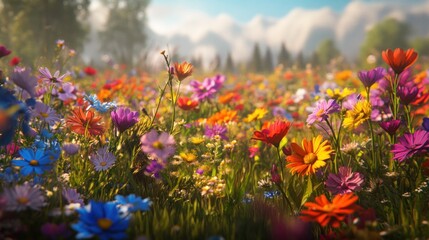 Obraz premium A vibrant field of wildflowers blooms in the warm light of the sun with a mountain range in the background.