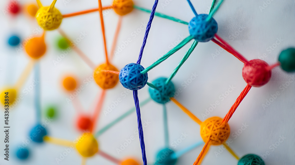 Poster abstract visualization of a web of interconnected colored nodes against a white background, represen