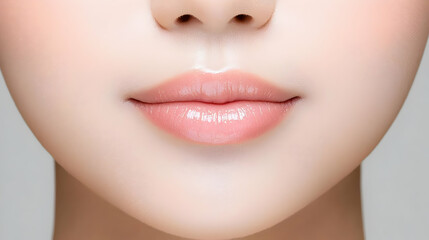 Fototapeta premium Close Up Portrait Of Young Woman's Lips And Chin With Pink Glossy Lipstick And Smooth Skin