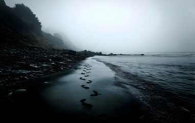 A quiet shore, footprints vanish into the sea, a symbolic goodbye.