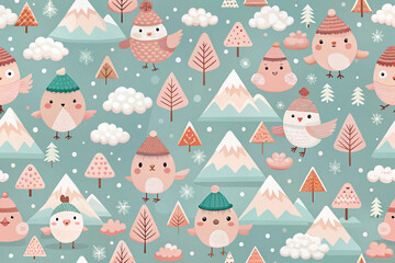 Blush to soft teal with cloud mountains and birds wearing tiny hats
