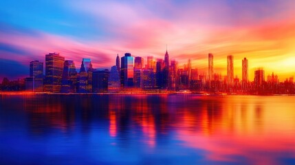 Fototapeta premium Vibrant sunset over a city skyline with reflections in the water.
