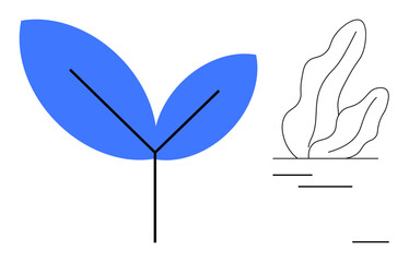 Blue leaf with black line stems next to abstract linear plant design. Ideal for nature, sustainability, ecology, modern design, simplicity, mindfulness, and a clean landing page