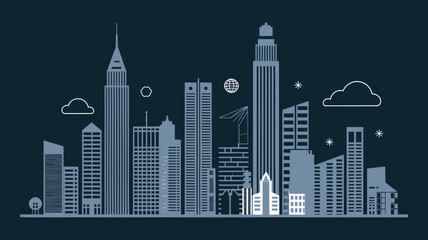 Fototapeta premium Abstract Cityscape Silhouette: Minimalist Design with Skyscrapers, Clouds and Stars on Dark Blue Background