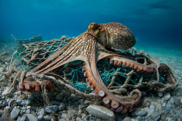 Giant octopus trapped in a broken fishing net, symbolizing the power of nature caught in human error