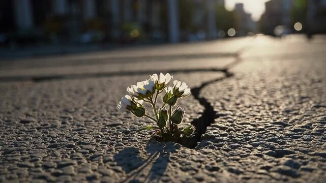 Resilient flower emerges in urban sidewalk highlighting nature's tenacity and urban contrast