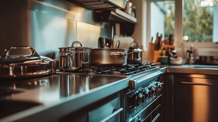 A modern kitchen with stainless steel appliances and a pot on the stovetop, ready for cooking.