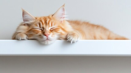 Maine Coon Cat on Shelf, Peaceful Soft Focus, High Resolution, Portrait Close-Up, Relaxed Posture, Sleeping Sweetly, Neutral Background, Warm Ginger Tones, Perfect for Pet Calendars