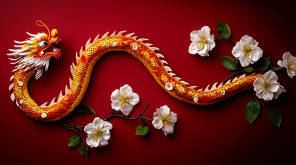 Gold Dragon Pixel Art With White Blossoms On Red Background