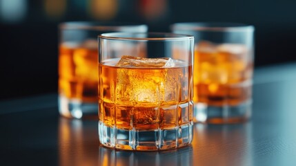Row of Five Clear Faceted Glasses Filled with Brown Cocktails and Ice Cubes on a Dark Surface with Soft Lighting