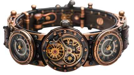 Steampunk mechanical bracelet with visible gears and dials, laid flat, high detail - 