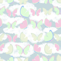 Dreamy Pastel Butterflies and Clouds Seamless Pattern with Soft Whimsical Nature Design