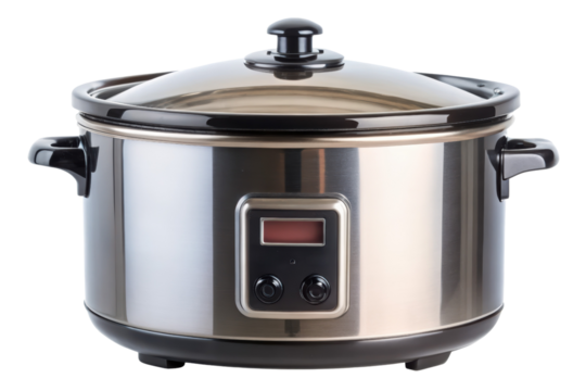 Modern electric slow cooker with digital control panel isolated on a transparent background