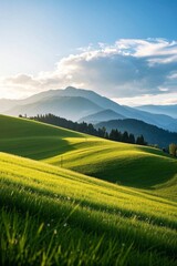 Obraz premium a view of a green field with mountains in the background