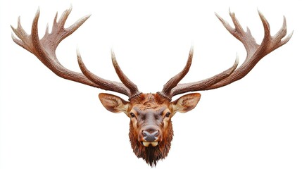 Majestic elk head with large antlers, isolated on white.