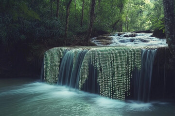 Futuristic waterfall with binary code cascading over rocks in a serene forest setting