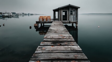 Serene Wooden Dock with a House by Calm Waters, Overcast Sky, Reflections, Tranquil Scene Ideal for Peaceful Themes and Nature Illustrations