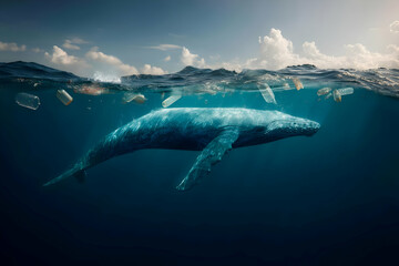 Fototapeta premium International Ocean Day, a call to protect and preserve our precious oceans, Dolphins inside the ocean cover by garbage, unclean ocean 