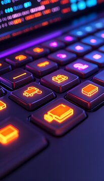 Illuminated keyboard with custom keys displaying vibrant icons, hinting at software or video editing functions  Code blurs in background