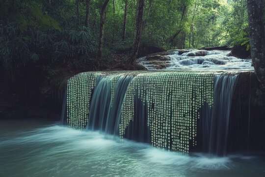 Futuristic waterfall with binary code cascading over rocks in a serene forest setting - Powered by Adobe