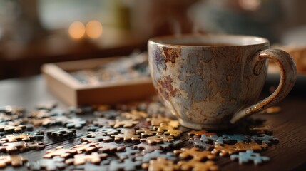Cozy Morning Scene with a Cup of Coffee Surrounded by Colorful Jigsaw Puzzle Pieces on a Wooden Table with Soft Natural Light in the Background