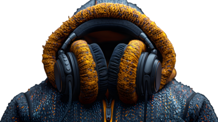 Tech hoodie with embedded headphones and wireless charging pad, laid flat with hood up, isolated PNG  