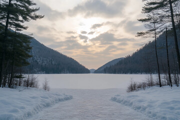 Obraz premium Frozen lake surrounded by snow-covered banks and mountains with a cloudy sky at dusk