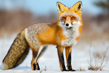 Fototapeta premium Elegant fox blends seamlessly with snowy field, showcasing its striking fur patterns in winter's embrace