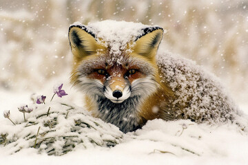 Fototapeta premium Snowy fox blends into serene landscape, showcasing beauty in winter wilderness