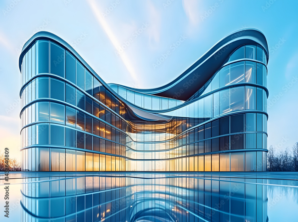 Poster future architectural concepts are embodied in a 3d representation of a high-rise, curved glass build