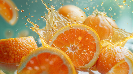 Orange slices falling into water on a green background. Water spashes
