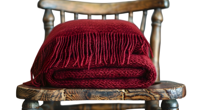 Tibetan prayer shawl (zen) in deep maroon, displayed folded across arm of wooden chair, isolated background  