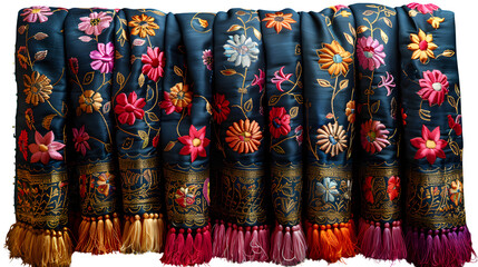 Fototapeta premium Traditional Iranian qaba with gold thread detailing, displayed on upright hanger, isolated PNG 