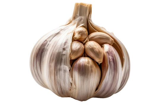 Whole garlic bulb with exposed fresh cloves isolated on a transparent background