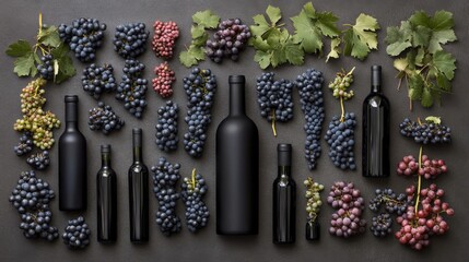 Dark Grapes and Black Wine Bottles on Dark Surface