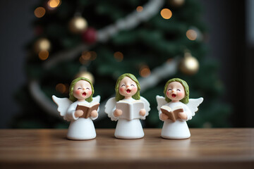group of figurines of angels singing in front of a Christmas tree