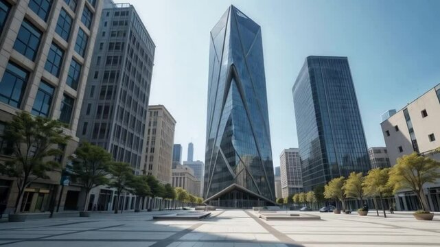 Urban skyscraper with a zig-zag fa&ccedil;ade design, placed in a clean and empty downtown plaza, bright daylight, hyperreal photography.
