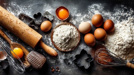 Top view of baking ingredients and tools on dark background. Flour, eggs, rolling pin, cookie cutters.