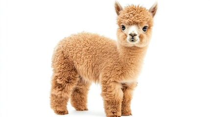 Adorable fluffy alpaca cria standing on white background.