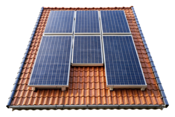 Solar panels installed on a tiled house roof isolated on a transparent background