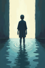 Obraz premium Generative AI Child in Waterway, Dreamlike Journey boy water tunnel light reflection ripples blue standing child passageway hope introspection journey transition mystery - Download Now