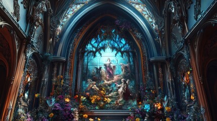 Obraz premium A stained glass window depicting a scene of angels and flowers, set within a gothic cathedral.