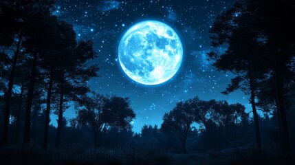 Fototapeta premium Full Blue Moon Night in a Dark Forest