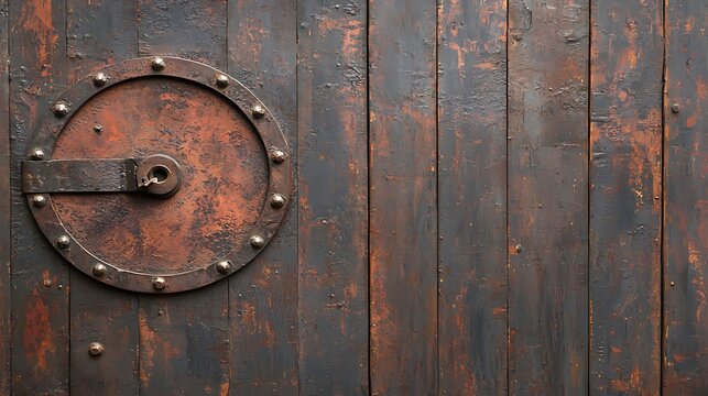 Rustic Dark Brown Wooden Panel with Circular Rusty Metal Detail