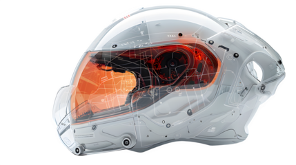 Transparent visor helmet with built-in AR overlay system, floating and rotated for detail, white background  