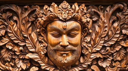 A wood-carved human face with intricate patterns and traditional craftsmanship.