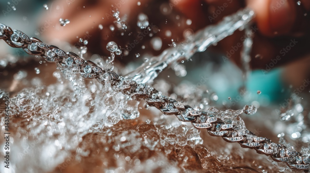 Poster close up of a metal chain submerged in splashing water, creating dynamic droplets and textures.