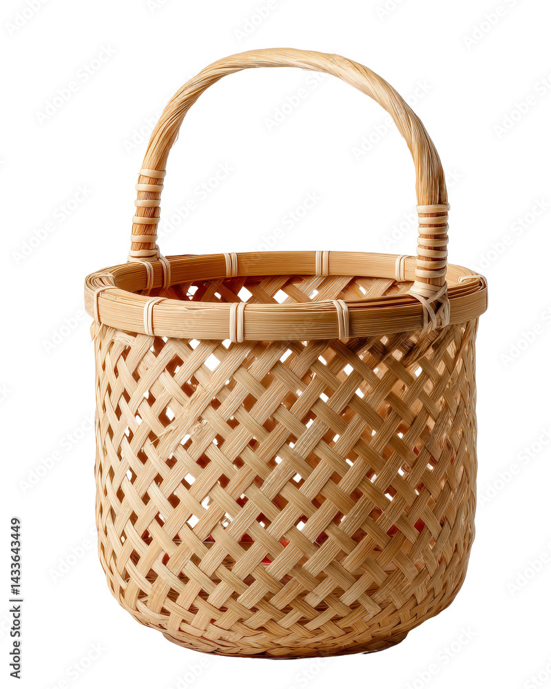 Poster handwoven round wicker basket with handle and unique cut-out design