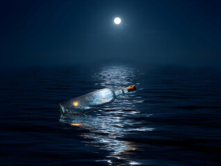 Fototapeta premium Message in bottle drifting under moonlight, hope in the stillness of the sea