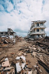 Devastated urban street with destroyed buildings and debris after natural disaster under cloudy blue sky